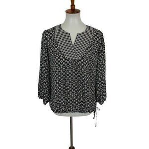 Laundry By Shelli Segal Black White Floral Boho Peasant Blouse Top M Long Sleeve